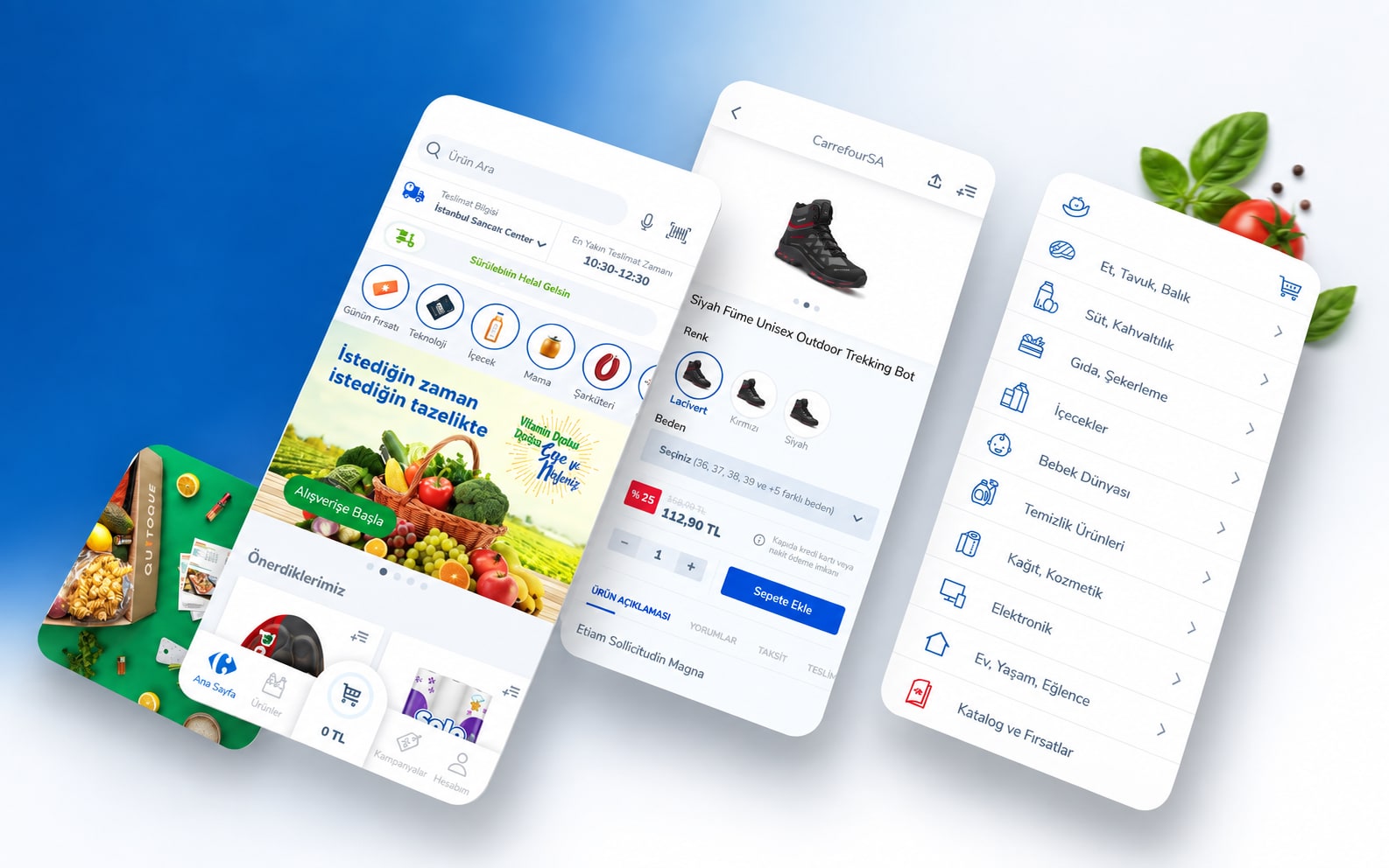 CarrefourSA mobil alışveriş uygulamasının arayüz ekranları